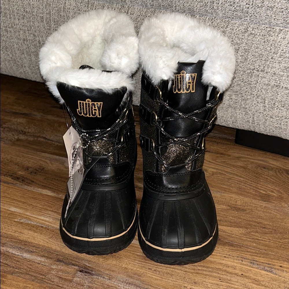 Juicy Couture Black and Gold Boots with White Fur